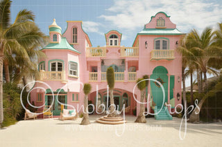 Pink Beach Doll Dreamhouse Fabric Backdrop-Fabric Photography Backdrop-Snobby Drops Fabric Backdrops for Photography, Exclusive Designs by Tara Mapes Photography, Enchanted Eye Creations by Tara Mapes, photography backgrounds, photography backdrops, fast shipping, US backdrops, cheap photography backdrops