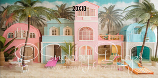 Pink Beach Dollhouses Fabric Backdrop 2-Fabric Photography Backdrop-Snobby Drops Fabric Backdrops for Photography, Exclusive Designs by Tara Mapes Photography, Enchanted Eye Creations by Tara Mapes, photography backgrounds, photography backdrops, fast shipping, US backdrops, cheap photography backdrops