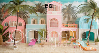 Pink Beach Dollhouses Fabric Backdrop 2-Fabric Photography Backdrop-Snobby Drops Fabric Backdrops for Photography, Exclusive Designs by Tara Mapes Photography, Enchanted Eye Creations by Tara Mapes, photography backgrounds, photography backdrops, fast shipping, US backdrops, cheap photography backdrops