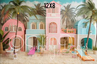 Pink Beach Dollhouses Fabric Backdrop 2-Fabric Photography Backdrop-Snobby Drops Fabric Backdrops for Photography, Exclusive Designs by Tara Mapes Photography, Enchanted Eye Creations by Tara Mapes, photography backgrounds, photography backdrops, fast shipping, US backdrops, cheap photography backdrops