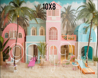 Pink Beach Dollhouses Fabric Backdrop 2-Fabric Photography Backdrop-Snobby Drops Fabric Backdrops for Photography, Exclusive Designs by Tara Mapes Photography, Enchanted Eye Creations by Tara Mapes, photography backgrounds, photography backdrops, fast shipping, US backdrops, cheap photography backdrops