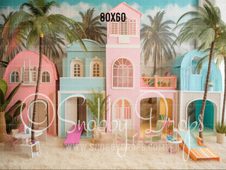 Pink Beach Dollhouses Fabric Backdrop 2-Fabric Photography Backdrop-Snobby Drops Fabric Backdrops for Photography, Exclusive Designs by Tara Mapes Photography, Enchanted Eye Creations by Tara Mapes, photography backgrounds, photography backdrops, fast shipping, US backdrops, cheap photography backdrops