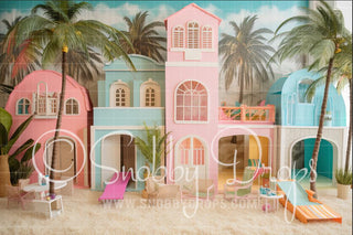 Pink Beach Dollhouses Fabric Backdrop 2-Fabric Photography Backdrop-Snobby Drops Fabric Backdrops for Photography, Exclusive Designs by Tara Mapes Photography, Enchanted Eye Creations by Tara Mapes, photography backgrounds, photography backdrops, fast shipping, US backdrops, cheap photography backdrops