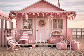 Pink Beach Shack Fabric Backdrop-Fabric Photography Backdrop-Snobby Drops Fabric Backdrops for Photography, Exclusive Designs by Tara Mapes Photography, Enchanted Eye Creations by Tara Mapes, photography backgrounds, photography backdrops, fast shipping, US backdrops, cheap photography backdrops