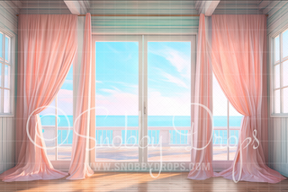 Pink Beach Window Fabric Backdrop-Fabric Photography Backdrop-Snobby Drops Fabric Backdrops for Photography, Exclusive Designs by Tara Mapes Photography, Enchanted Eye Creations by Tara Mapes, photography backgrounds, photography backdrops, fast shipping, US backdrops, cheap photography backdrops