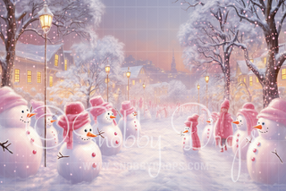 Pink Christmas Snowmen Fabric Backdrop-Fabric Photography Backdrop-Snobby Drops Fabric Backdrops for Photography, Exclusive Designs by Tara Mapes Photography, Enchanted Eye Creations by Tara Mapes, photography backgrounds, photography backdrops, fast shipping, US backdrops, cheap photography backdrops