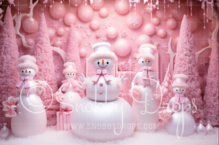 Pink Christmas Snowmen Fabric Backdrop-Fabric Photography Backdrop-Snobby Drops Fabric Backdrops for Photography, Exclusive Designs by Tara Mapes Photography, Enchanted Eye Creations by Tara Mapes, photography backgrounds, photography backdrops, fast shipping, US backdrops, cheap photography backdrops