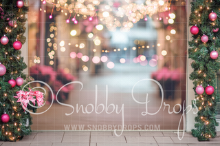 Pink Christmas Street with Blurred Background Fabric Photography Backdrop-Fabric Photography Backdrop-Snobby Drops Fabric Backdrops for Photography, Exclusive Designs by Tara Mapes Photography, Enchanted Eye Creations by Tara Mapes, photography backgrounds, photography backdrops, fast shipping, US backdrops, cheap photography backdrops