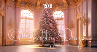 Pink Christmas Tree Room Fabric Backdrop-Fabric Photography Backdrop-Snobby Drops Fabric Backdrops for Photography, Exclusive Designs by Tara Mapes Photography, Enchanted Eye Creations by Tara Mapes, photography backgrounds, photography backdrops, fast shipping, US backdrops, cheap photography backdrops