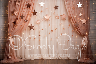 Pink Curtains and Stars Fabric Tot Drop-Fabric Photography Tot Drop-Snobby Drops Fabric Backdrops for Photography, Exclusive Designs by Tara Mapes Photography, Enchanted Eye Creations by Tara Mapes, photography backgrounds, photography backdrops, fast shipping, US backdrops, cheap photography backdrops