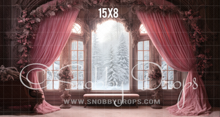 Pink Curtains Winter Window Fabric Backdrop-Fabric Photography Backdrop-Snobby Drops Fabric Backdrops for Photography, Exclusive Designs by Tara Mapes Photography, Enchanted Eye Creations by Tara Mapes, photography backgrounds, photography backdrops, fast shipping, US backdrops, cheap photography backdrops