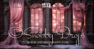 Pink Curtains Winter Window Fabric Backdrop-Fabric Photography Backdrop-Snobby Drops Fabric Backdrops for Photography, Exclusive Designs by Tara Mapes Photography, Enchanted Eye Creations by Tara Mapes, photography backgrounds, photography backdrops, fast shipping, US backdrops, cheap photography backdrops