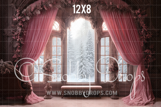 Pink Curtains Winter Window Fabric Backdrop-Fabric Photography Backdrop-Snobby Drops Fabric Backdrops for Photography, Exclusive Designs by Tara Mapes Photography, Enchanted Eye Creations by Tara Mapes, photography backgrounds, photography backdrops, fast shipping, US backdrops, cheap photography backdrops