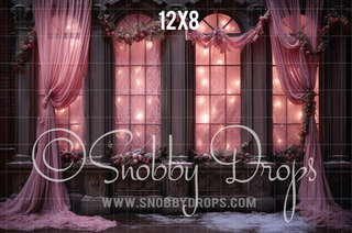 Pink Curtains Winter Window Fabric Backdrop-Fabric Photography Backdrop-Snobby Drops Fabric Backdrops for Photography, Exclusive Designs by Tara Mapes Photography, Enchanted Eye Creations by Tara Mapes, photography backgrounds, photography backdrops, fast shipping, US backdrops, cheap photography backdrops