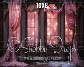 Pink Curtains Winter Window Fabric Backdrop-Fabric Photography Backdrop-Snobby Drops Fabric Backdrops for Photography, Exclusive Designs by Tara Mapes Photography, Enchanted Eye Creations by Tara Mapes, photography backgrounds, photography backdrops, fast shipping, US backdrops, cheap photography backdrops