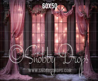 Pink Curtains Winter Window Fabric Backdrop-Fabric Photography Backdrop-Snobby Drops Fabric Backdrops for Photography, Exclusive Designs by Tara Mapes Photography, Enchanted Eye Creations by Tara Mapes, photography backgrounds, photography backdrops, fast shipping, US backdrops, cheap photography backdrops