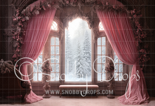 Pink Curtains Winter Window Fabric Backdrop-Fabric Photography Backdrop-Snobby Drops Fabric Backdrops for Photography, Exclusive Designs by Tara Mapes Photography, Enchanted Eye Creations by Tara Mapes, photography backgrounds, photography backdrops, fast shipping, US backdrops, cheap photography backdrops