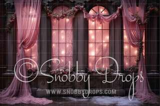 Pink Curtains Winter Window Fabric Backdrop-Fabric Photography Backdrop-Snobby Drops Fabric Backdrops for Photography, Exclusive Designs by Tara Mapes Photography, Enchanted Eye Creations by Tara Mapes, photography backgrounds, photography backdrops, fast shipping, US backdrops, cheap photography backdrops