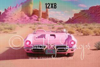 Pink Doll Car in Desert Fabric Backdrop-Fabric Photography Backdrop-Snobby Drops Fabric Backdrops for Photography, Exclusive Designs by Tara Mapes Photography, Enchanted Eye Creations by Tara Mapes, photography backgrounds, photography backdrops, fast shipping, US backdrops, cheap photography backdrops