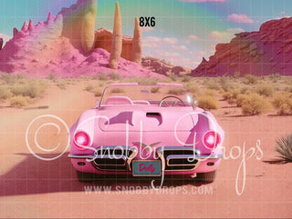 Pink Doll Car in Desert Fabric Backdrop-Fabric Photography Backdrop-Snobby Drops Fabric Backdrops for Photography, Exclusive Designs by Tara Mapes Photography, Enchanted Eye Creations by Tara Mapes, photography backgrounds, photography backdrops, fast shipping, US backdrops, cheap photography backdrops