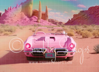 Pink Doll Car in Desert Fabric Backdrop-Fabric Photography Backdrop-Snobby Drops Fabric Backdrops for Photography, Exclusive Designs by Tara Mapes Photography, Enchanted Eye Creations by Tara Mapes, photography backgrounds, photography backdrops, fast shipping, US backdrops, cheap photography backdrops