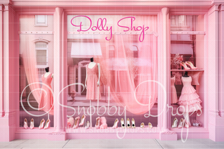 Pink Doll Shop Storefront Fabric Backdrop-Fabric Photography Backdrop-Snobby Drops Fabric Backdrops for Photography, Exclusive Designs by Tara Mapes Photography, Enchanted Eye Creations by Tara Mapes, photography backgrounds, photography backdrops, fast shipping, US backdrops, cheap photography backdrops