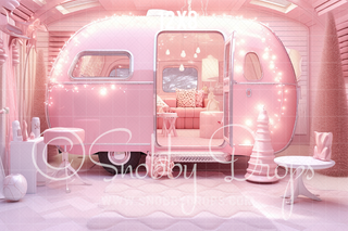 Pink Dollhouse Camper Pink Christmas Fabric Backdrop-Fabric Photography Backdrop-Snobby Drops Fabric Backdrops for Photography, Exclusive Designs by Tara Mapes Photography, Enchanted Eye Creations by Tara Mapes, photography backgrounds, photography backdrops, fast shipping, US backdrops, cheap photography backdrops