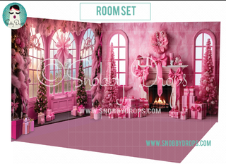 Pink Dollhouse Christmas 3 Piece Room Set-Photography Backdrop 3P Room Set-Snobby Drops Fabric Backdrops for Photography, Exclusive Designs by Tara Mapes Photography, Enchanted Eye Creations by Tara Mapes, photography backgrounds, photography backdrops, fast shipping, US backdrops, cheap photography backdrops