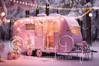 Pink Dollhouse Christmas Camper Fabric Backdrop-Fabric Photography Backdrop-Snobby Drops Fabric Backdrops for Photography, Exclusive Designs by Tara Mapes Photography, Enchanted Eye Creations by Tara Mapes, photography backgrounds, photography backdrops, fast shipping, US backdrops, cheap photography backdrops