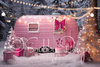 Pink Dollhouse Christmas Camper Fabric Backdrop-Fabric Photography Backdrop-Snobby Drops Fabric Backdrops for Photography, Exclusive Designs by Tara Mapes Photography, Enchanted Eye Creations by Tara Mapes, photography backgrounds, photography backdrops, fast shipping, US backdrops, cheap photography backdrops