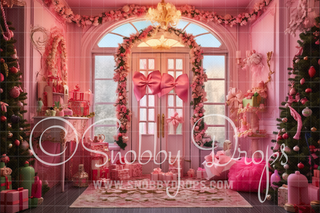 Pink Dollhouse Christmas Door Fabric Backdrop-Fabric Photography Backdrop-Snobby Drops Fabric Backdrops for Photography, Exclusive Designs by Tara Mapes Photography, Enchanted Eye Creations by Tara Mapes, photography backgrounds, photography backdrops, fast shipping, US backdrops, cheap photography backdrops