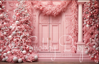 Pink Dollhouse Christmas Door Fabric Backdrop-Fabric Photography Backdrop-Snobby Drops Fabric Backdrops for Photography, Exclusive Designs by Tara Mapes Photography, Enchanted Eye Creations by Tara Mapes, photography backgrounds, photography backdrops, fast shipping, US backdrops, cheap photography backdrops