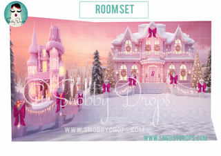 Pink Dollhouse Christmas Dreamhouse Mansion With Rubber Backed Floor-Fabric Photography Backdrop-Snobby Drops Fabric Backdrops for Photography, Exclusive Designs by Tara Mapes Photography, Enchanted Eye Creations by Tara Mapes, photography backgrounds, photography backdrops, fast shipping, US backdrops, cheap photography backdrops