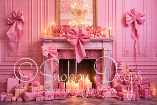 Pink Dollhouse Christmas Fireplace Fabric Backdrop-Fabric Photography Backdrop-Snobby Drops Fabric Backdrops for Photography, Exclusive Designs by Tara Mapes Photography, Enchanted Eye Creations by Tara Mapes, photography backgrounds, photography backdrops, fast shipping, US backdrops, cheap photography backdrops