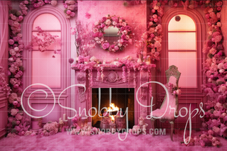 Pink Dollhouse Christmas Fireplace Fabric Backdrop-Fabric Photography Backdrop-Snobby Drops Fabric Backdrops for Photography, Exclusive Designs by Tara Mapes Photography, Enchanted Eye Creations by Tara Mapes, photography backgrounds, photography backdrops, fast shipping, US backdrops, cheap photography backdrops