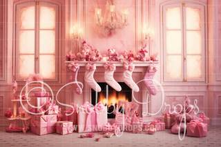 Pink Dollhouse Christmas Fireplace Fabric Backdrop-Fabric Photography Backdrop-Snobby Drops Fabric Backdrops for Photography, Exclusive Designs by Tara Mapes Photography, Enchanted Eye Creations by Tara Mapes, photography backgrounds, photography backdrops, fast shipping, US backdrops, cheap photography backdrops