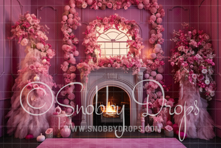 Pink Dollhouse Christmas Fireplace Fabric Backdrop-Fabric Photography Backdrop-Snobby Drops Fabric Backdrops for Photography, Exclusive Designs by Tara Mapes Photography, Enchanted Eye Creations by Tara Mapes, photography backgrounds, photography backdrops, fast shipping, US backdrops, cheap photography backdrops