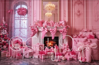 Pink Dollhouse Christmas Fireplace Fabric Backdrop-Fabric Photography Backdrop-Snobby Drops Fabric Backdrops for Photography, Exclusive Designs by Tara Mapes Photography, Enchanted Eye Creations by Tara Mapes, photography backgrounds, photography backdrops, fast shipping, US backdrops, cheap photography backdrops