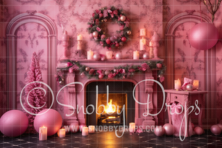 Pink Dollhouse Christmas Fireplace Fabric Backdrop-Fabric Photography Backdrop-Snobby Drops Fabric Backdrops for Photography, Exclusive Designs by Tara Mapes Photography, Enchanted Eye Creations by Tara Mapes, photography backgrounds, photography backdrops, fast shipping, US backdrops, cheap photography backdrops