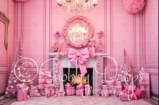 Pink Dollhouse Christmas Fireplace Fabric Backdrop-Fabric Photography Backdrop-Snobby Drops Fabric Backdrops for Photography, Exclusive Designs by Tara Mapes Photography, Enchanted Eye Creations by Tara Mapes, photography backgrounds, photography backdrops, fast shipping, US backdrops, cheap photography backdrops