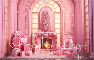 Pink Dollhouse Christmas Fireplace Fabric Backdrop-Fabric Photography Backdrop-Snobby Drops Fabric Backdrops for Photography, Exclusive Designs by Tara Mapes Photography, Enchanted Eye Creations by Tara Mapes, photography backgrounds, photography backdrops, fast shipping, US backdrops, cheap photography backdrops