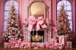 Pink Dollhouse Christmas Fireplace Fabric Backdrop-Fabric Photography Backdrop-Snobby Drops Fabric Backdrops for Photography, Exclusive Designs by Tara Mapes Photography, Enchanted Eye Creations by Tara Mapes, photography backgrounds, photography backdrops, fast shipping, US backdrops, cheap photography backdrops