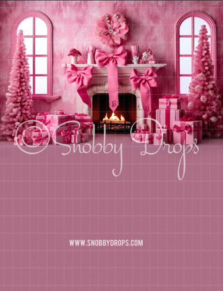 Pink Dollhouse Christmas Fireplace Fabric Backdrop Sweep-Fabric Photography Sweep-Snobby Drops Fabric Backdrops for Photography, Exclusive Designs by Tara Mapes Photography, Enchanted Eye Creations by Tara Mapes, photography backgrounds, photography backdrops, fast shipping, US backdrops, cheap photography backdrops