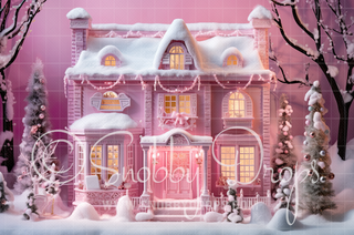 Pink Dollhouse Christmas Home Fabric Backdrop-Fabric Photography Backdrop-Snobby Drops Fabric Backdrops for Photography, Exclusive Designs by Tara Mapes Photography, Enchanted Eye Creations by Tara Mapes, photography backgrounds, photography backdrops, fast shipping, US backdrops, cheap photography backdrops