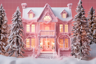 Pink Dollhouse Christmas Home Fabric Backdrop-Fabric Photography Backdrop-Snobby Drops Fabric Backdrops for Photography, Exclusive Designs by Tara Mapes Photography, Enchanted Eye Creations by Tara Mapes, photography backgrounds, photography backdrops, fast shipping, US backdrops, cheap photography backdrops