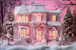 Pink Dollhouse Christmas Home Fabric Backdrop-Fabric Photography Backdrop-Snobby Drops Fabric Backdrops for Photography, Exclusive Designs by Tara Mapes Photography, Enchanted Eye Creations by Tara Mapes, photography backgrounds, photography backdrops, fast shipping, US backdrops, cheap photography backdrops