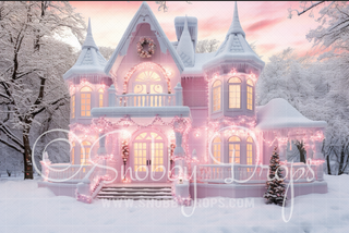 Pink Dollhouse Christmas Mansion Fabric Backdrop-Fabric Photography Backdrop-Snobby Drops Fabric Backdrops for Photography, Exclusive Designs by Tara Mapes Photography, Enchanted Eye Creations by Tara Mapes, photography backgrounds, photography backdrops, fast shipping, US backdrops, cheap photography backdrops