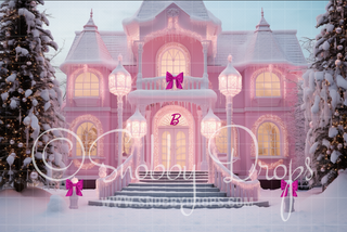 Pink Dollhouse Christmas Mansion Fabric Backdrop-Fabric Photography Backdrop-Snobby Drops Fabric Backdrops for Photography, Exclusive Designs by Tara Mapes Photography, Enchanted Eye Creations by Tara Mapes, photography backgrounds, photography backdrops, fast shipping, US backdrops, cheap photography backdrops