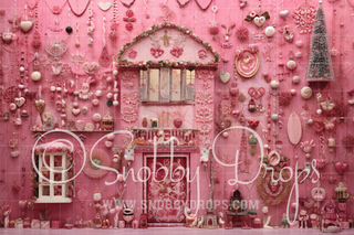 Pink Dollhouse Christmas Ornament Wall Fabric Backdrop-Fabric Photography Backdrop-Snobby Drops Fabric Backdrops for Photography, Exclusive Designs by Tara Mapes Photography, Enchanted Eye Creations by Tara Mapes, photography backgrounds, photography backdrops, fast shipping, US backdrops, cheap photography backdrops