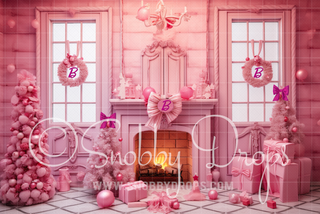 Pink Dollhouse Christmas Room Fabric Backdrop-Fabric Photography Backdrop-Snobby Drops Fabric Backdrops for Photography, Exclusive Designs by Tara Mapes Photography, Enchanted Eye Creations by Tara Mapes, photography backgrounds, photography backdrops, fast shipping, US backdrops, cheap photography backdrops